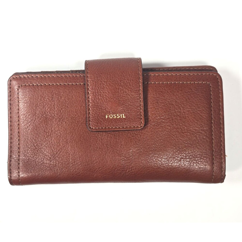 Fossil Womens Leather Zip Around Bifold Wallet Cognac Brown Organizer Snap Tab